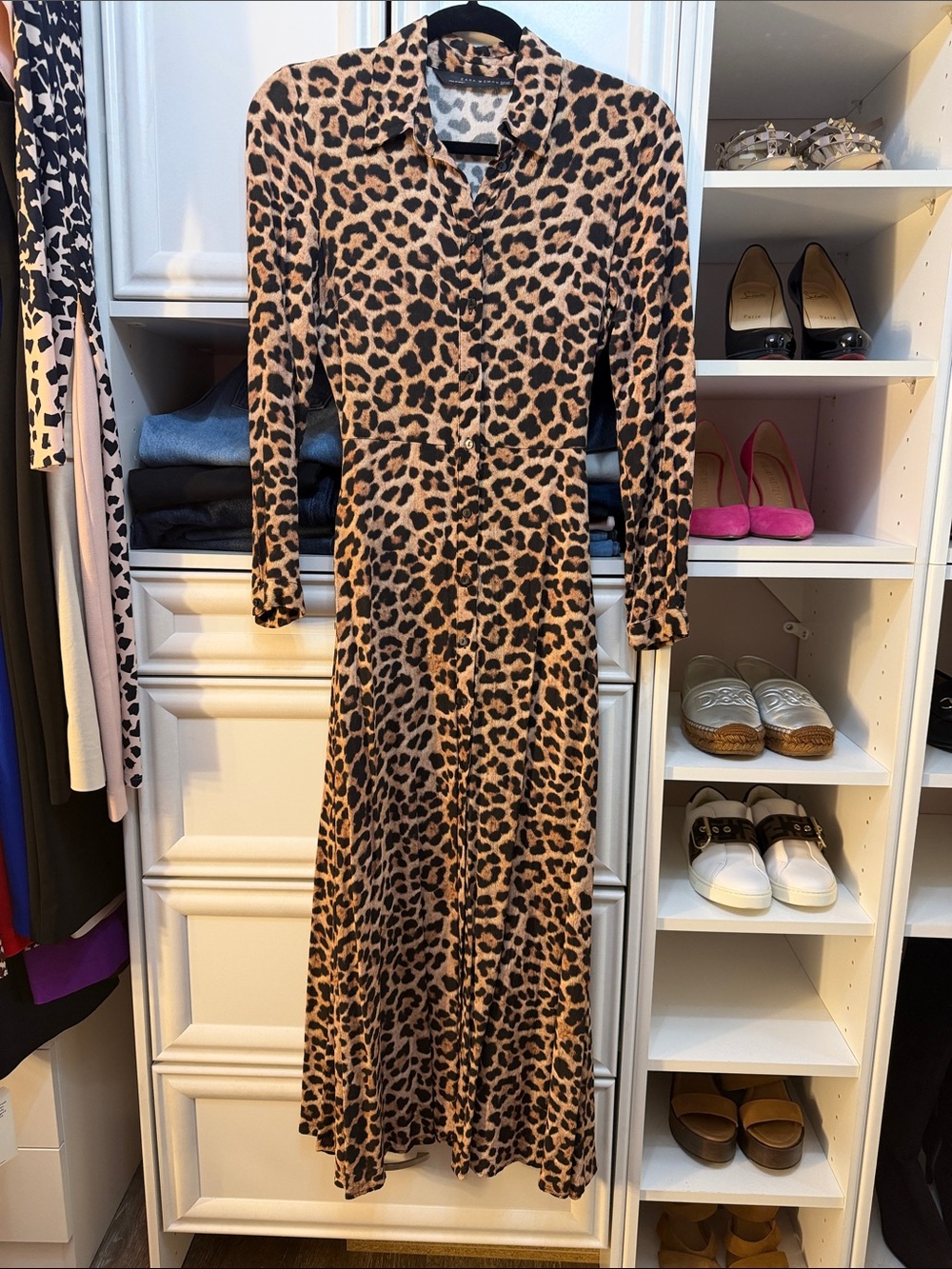 Leopard Print Long Sleeve Maxi Dress - Tan/Black